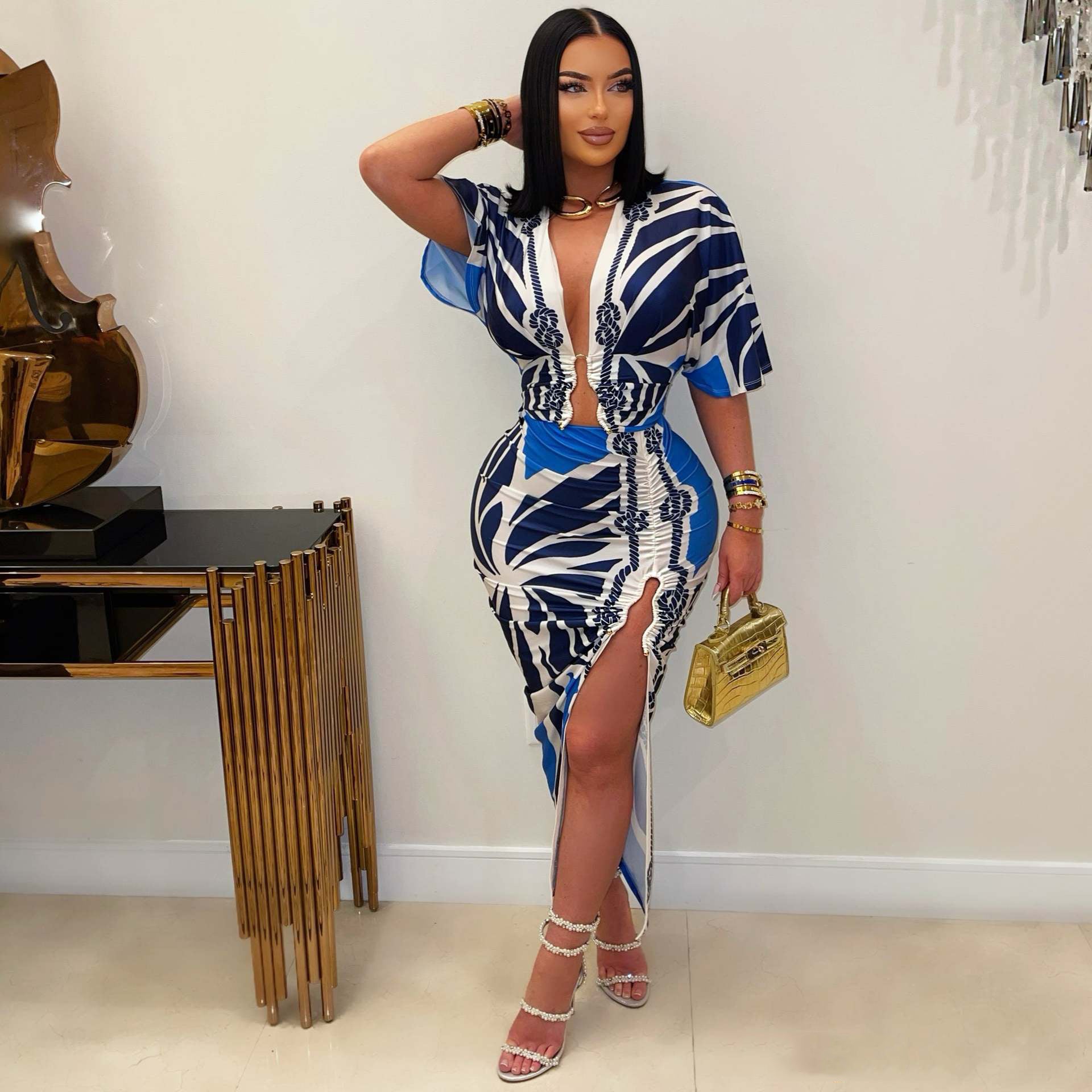 Women V Neck Short Sleeve Bodycon Print Dress