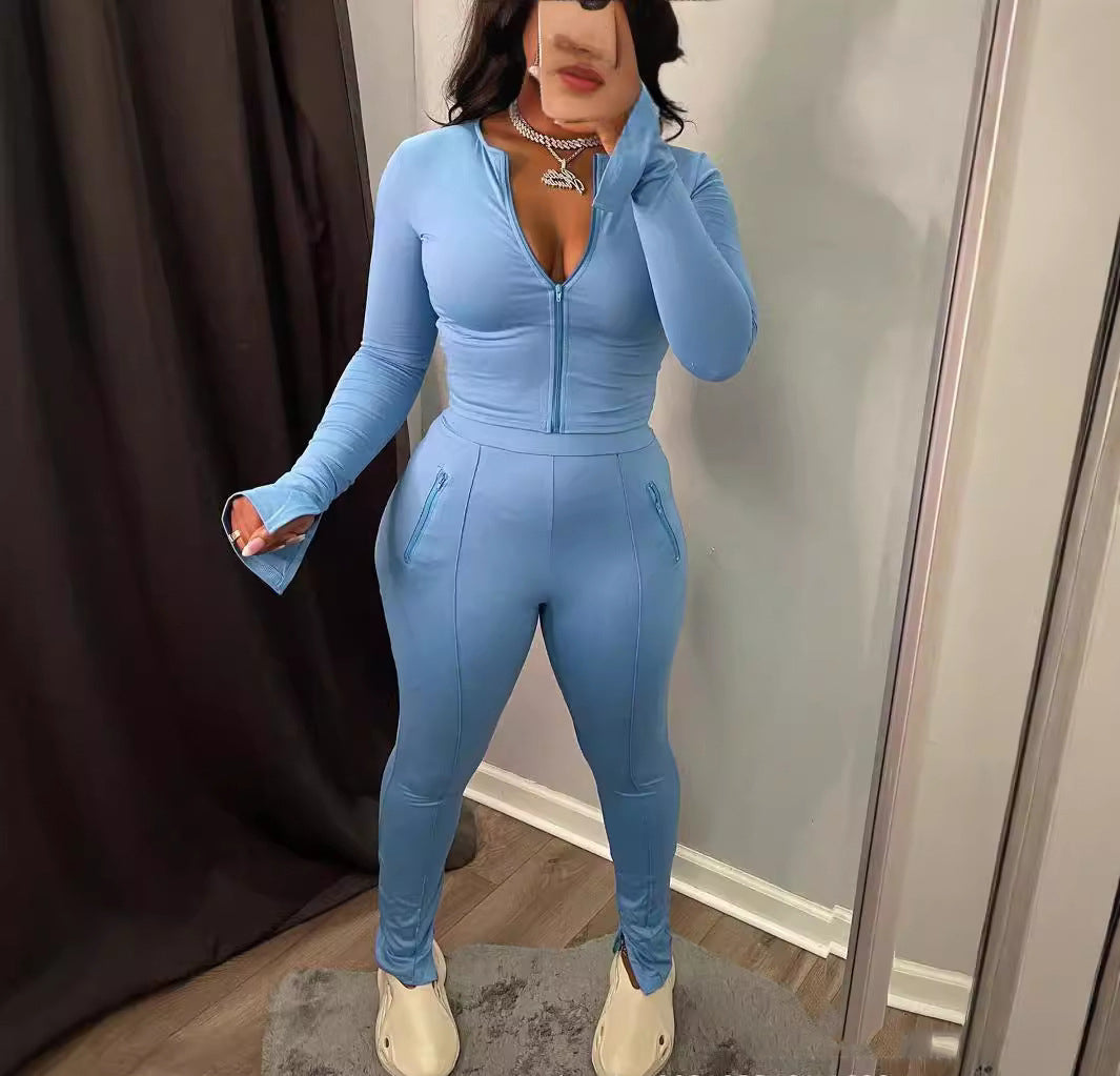 Women Solid Long Sleeve Top and Long Pants Two Piece Set 4