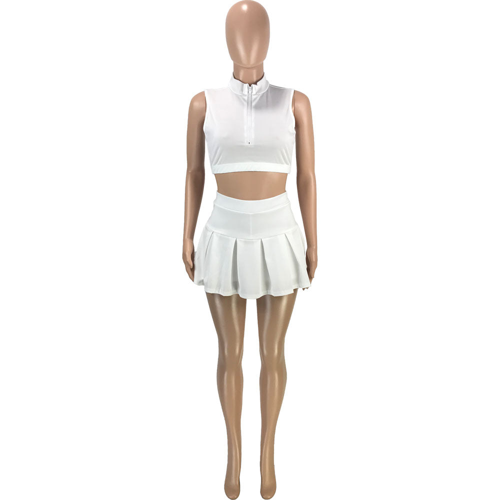 Solid Vest Pleated Skirt Sexy Casual Set 38