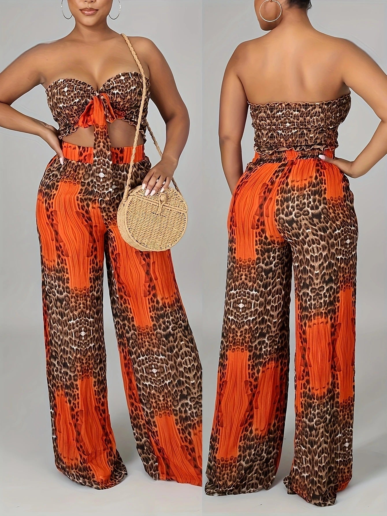 Summer Leopard Print Strapless Lace-Up Wide-Leg Loose Two Piece Pants Set 3
