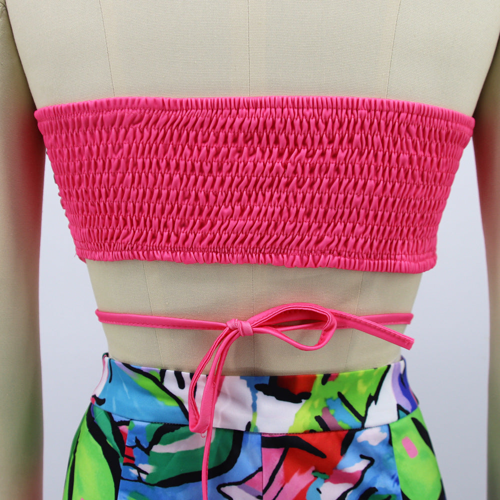 Women V-neck tube top and printed wide-leg trousers fashion casual women's suit two piece set 13