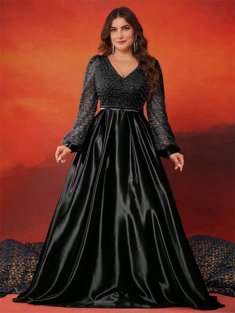 Plus Size Women Sequin Contrast Color Satin Long Sleeve V Neck Elegant Dinner Ball Evening Dress 10