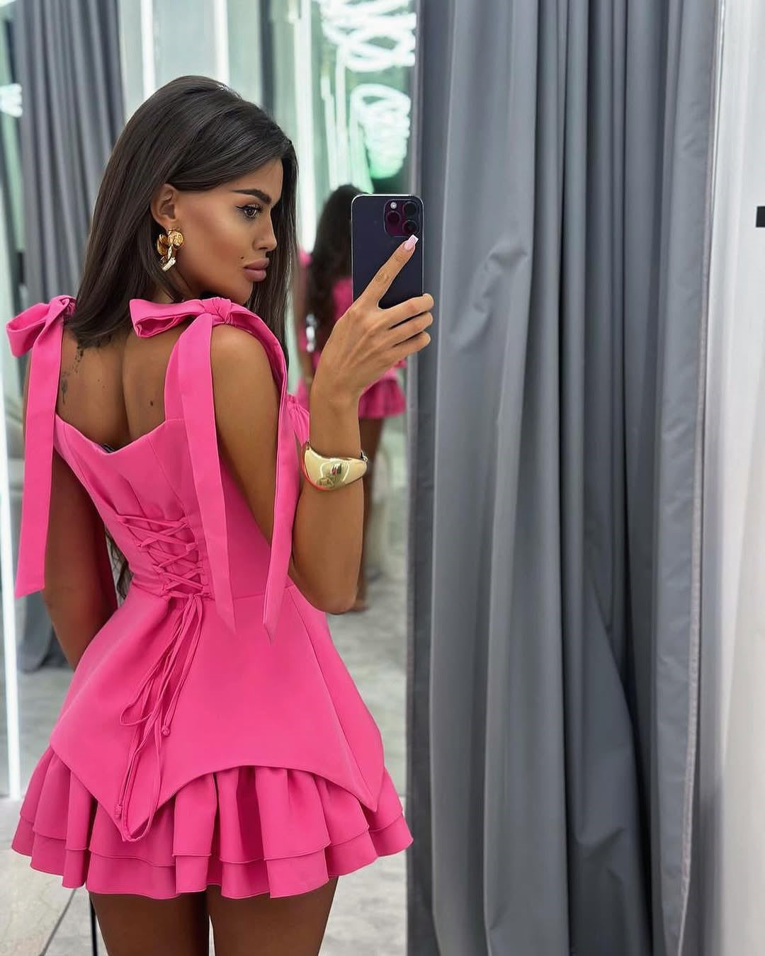 Women Summer Bow Tie Buttoned Irregular Strap Dress 6