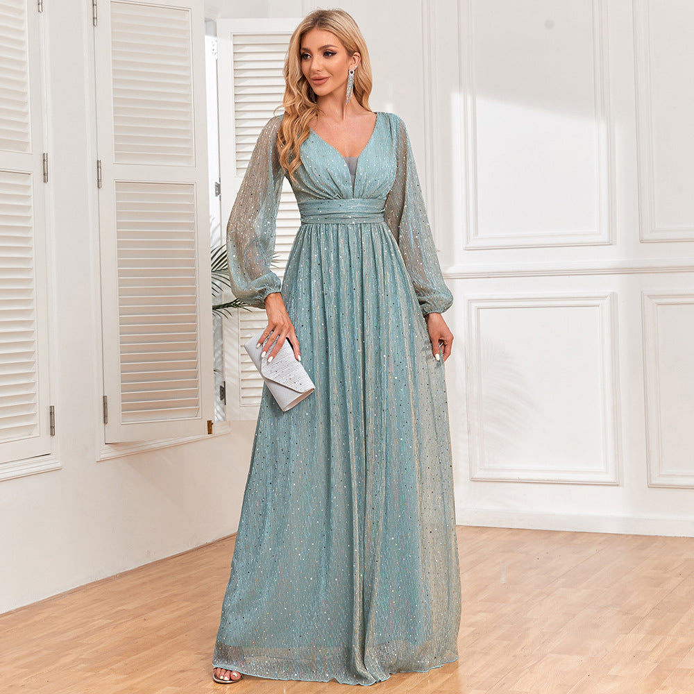 Women's  Glittery Pleated Elastic See-Through Long Sleeve V-Neck Legant Evening Gown
