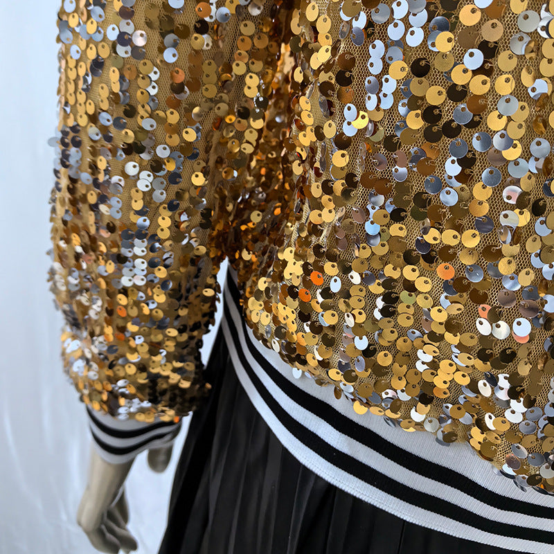 Women's Tops Fashion Color Block Sequin Style Short Zipper Jacket Coat 14