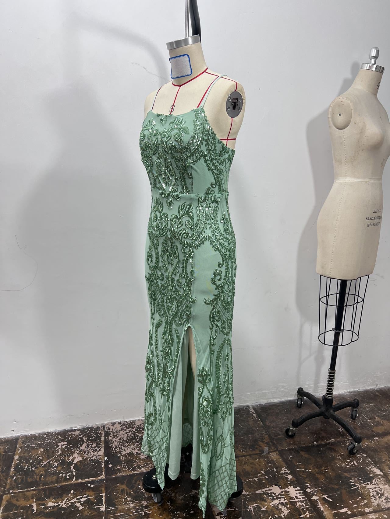 Women Sexy Strapless Backless Split Sequin Evening Dress 8