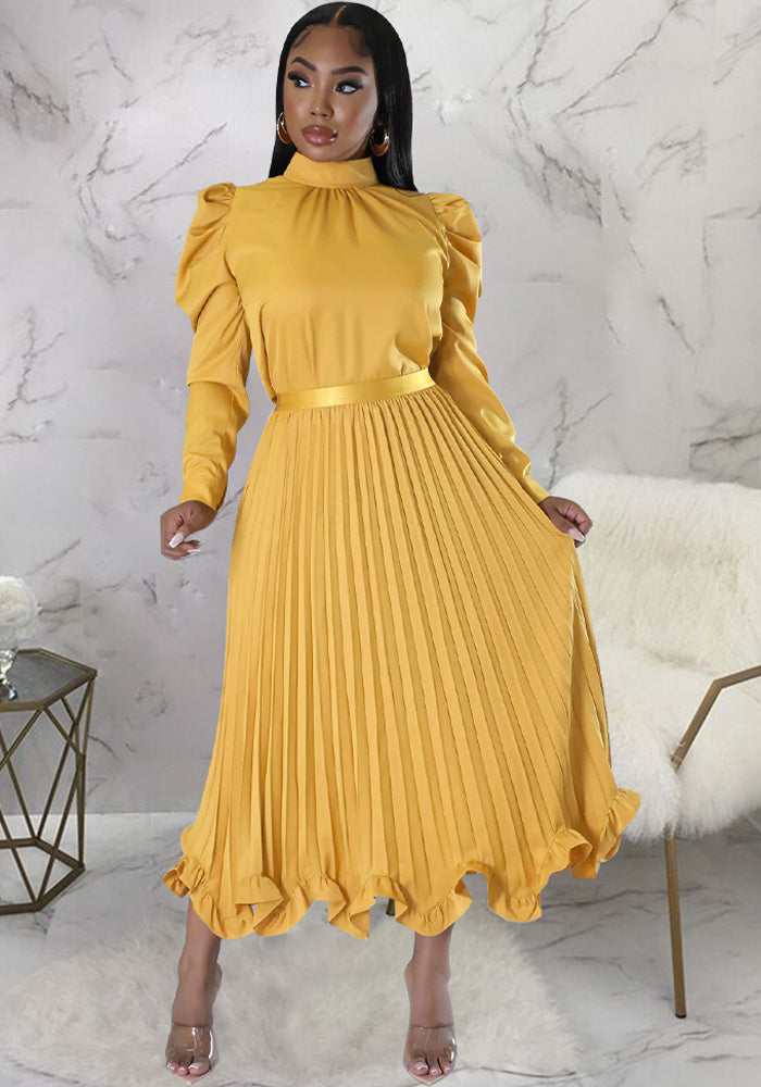 Fall Women Puff Sleeve Top And Ruffled Pleated Skirt Two-Piece Set