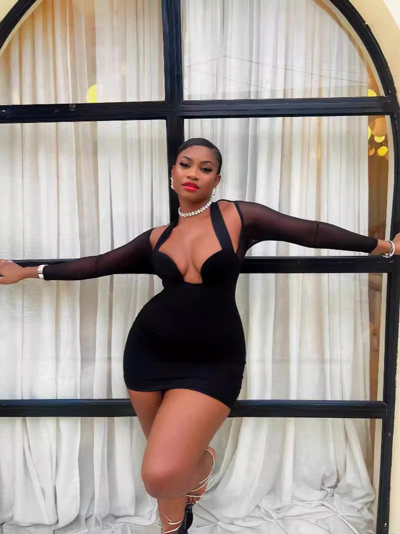 Women Halter Neck Sexy Mesh Patchwork Long Sleeve Bodycon Dress 4