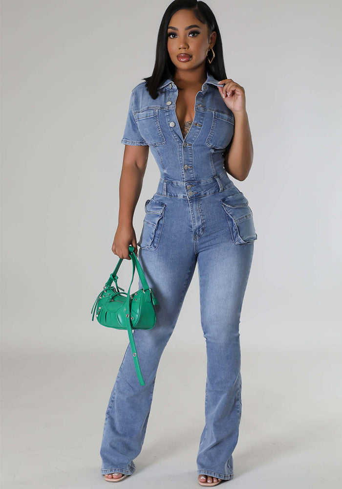 Women Stretch Wash Denim Bell Bottom Jumpsuit