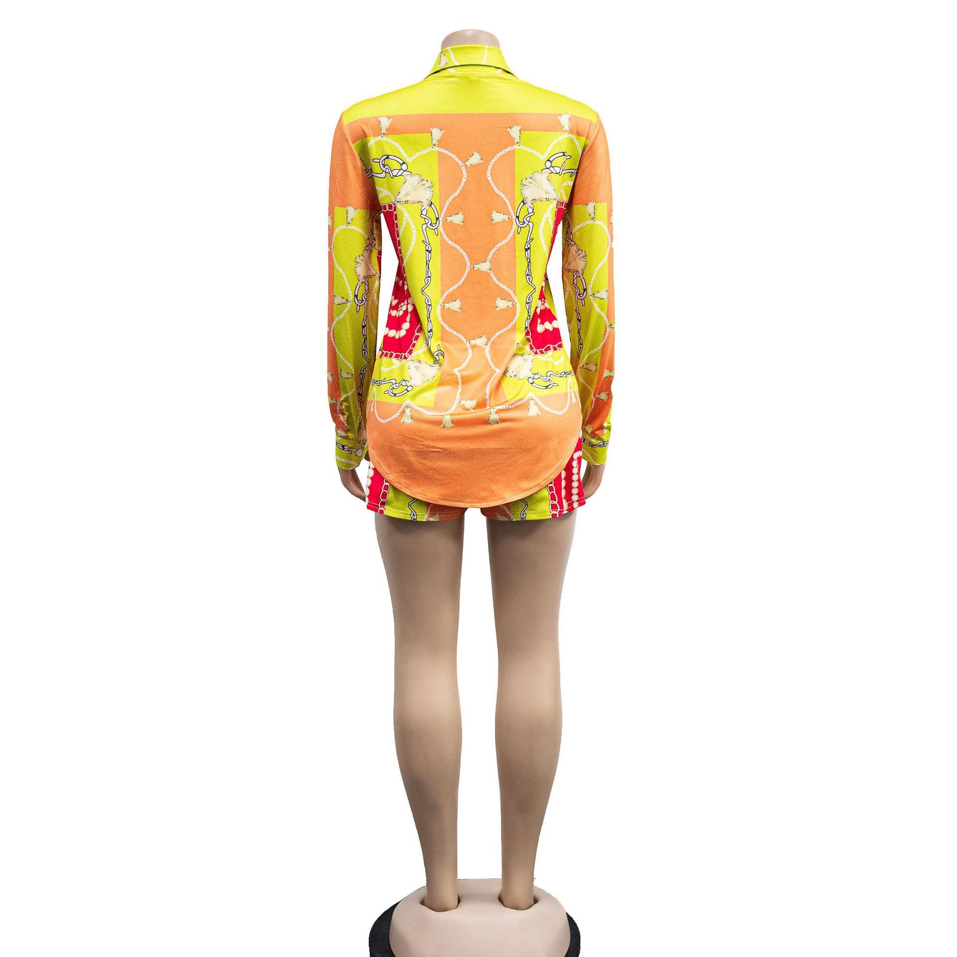 Ladies' Fashion Colorblock Turndown Collar Long Sleeve Shirt Shorts Two Piece Set 13