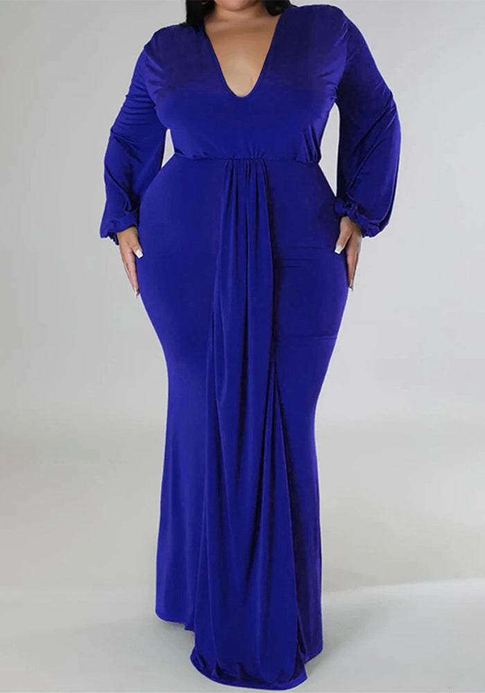 Women's Fashion Plus Size Elegant V Neck Solid Color Long Dress