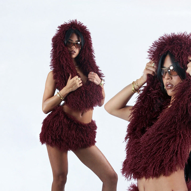 Women's Faux Fur U-Neck Hooded Low Back Top & Skirt Two-Piece Set 17
