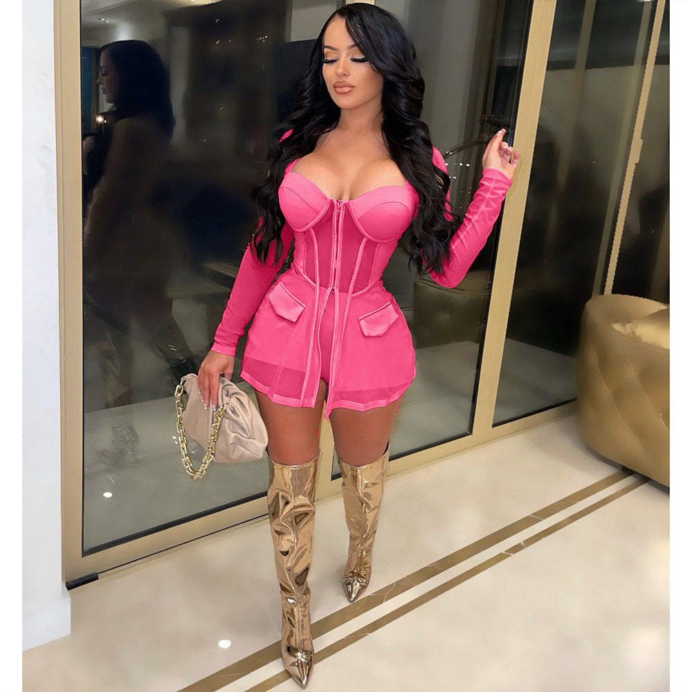 Women Mesh See-Through Patchwork Zipper Top and Shorts Two-piece Set 5