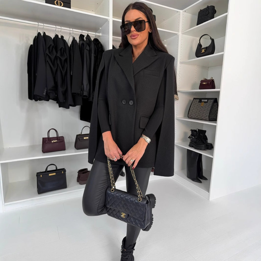 Women winter solid turndown collar cape coat 5