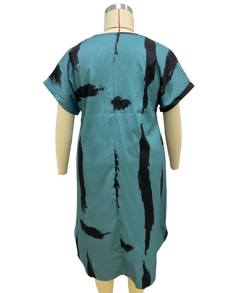 Plus Size Women long dress V-neck short sleeve printed loose dress 6