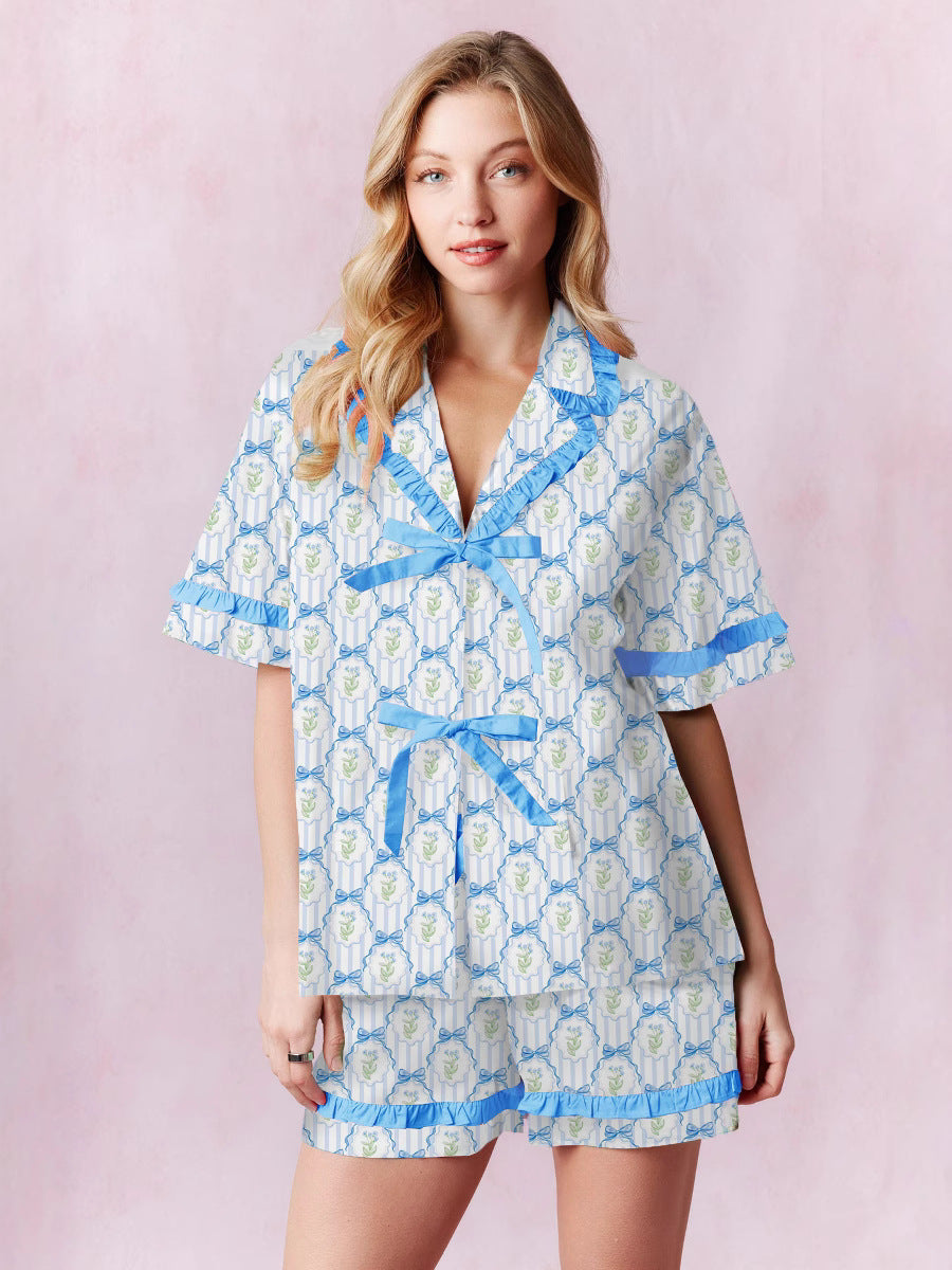 Women Print Turndown Collar Button Short Sleeve Lace-Up Top and Shorts Two Piece 4