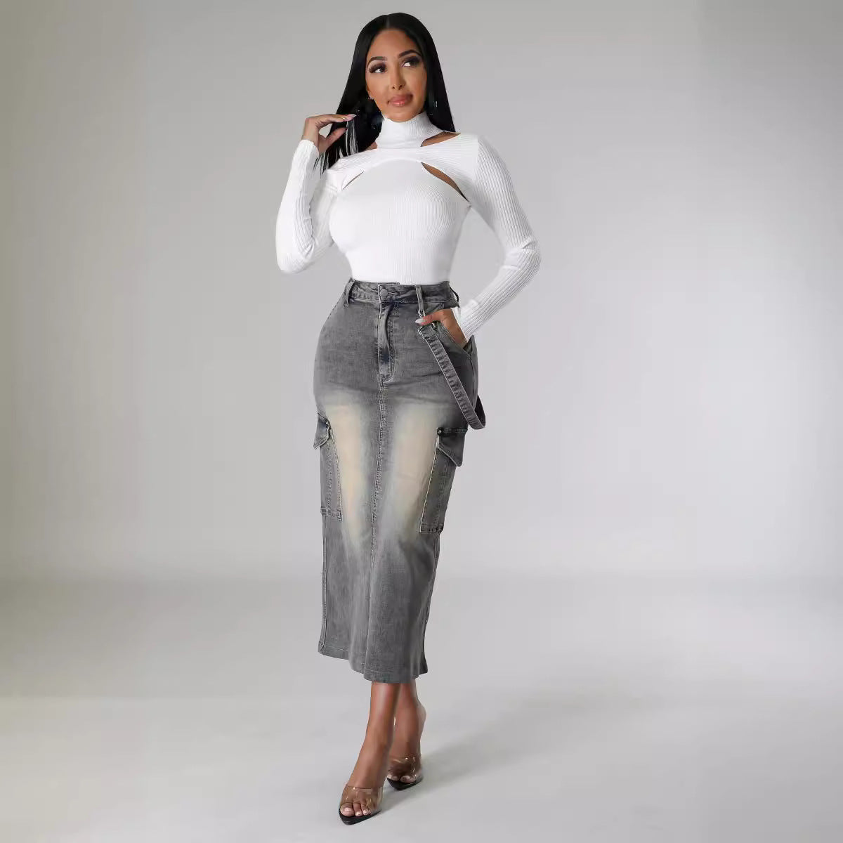 Pocket Stretch Denim Long Skirt 6