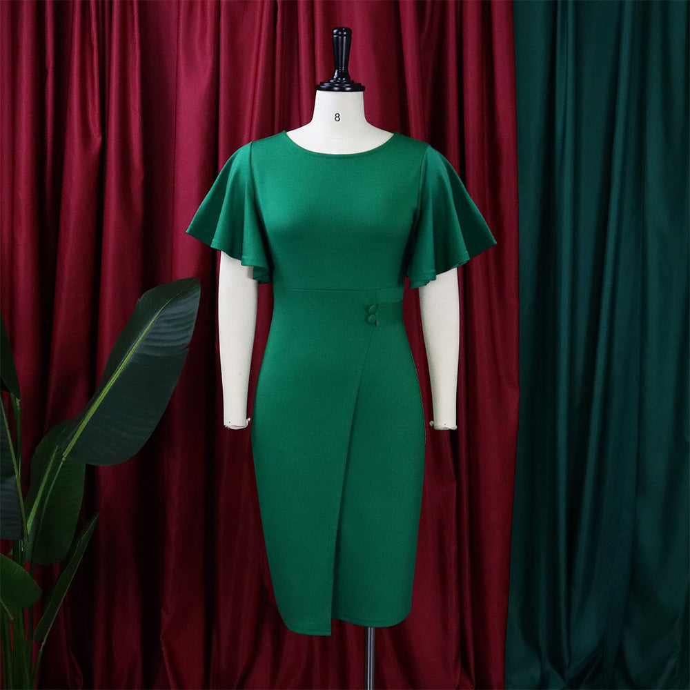 Women's Summer Solid Color High Waist Chic Career Ruffle Sleeve Office Dress 30