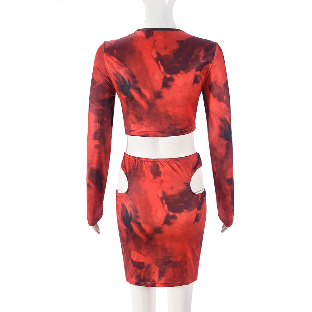Women's Autumn Winter Printed Hollow Metal Ring Crop Long Sleeve Top Short Skirt Two-Piece Set 6