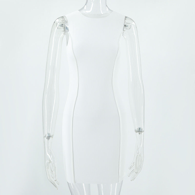 Summer Ladies Round Neck Sleeveless Solid Color Fashion Slim Bodycon Dress 26