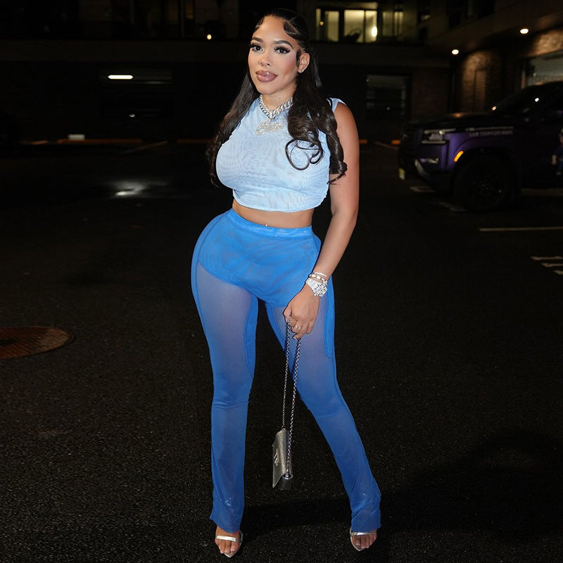 Summer Sexy Slim See-Through Mesh Mid-waist Flared Casual Pants 10