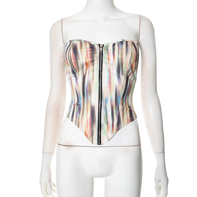 Women spring and summer Strapless off-shoulder zipper tie-dye top and pants two-piece set 8