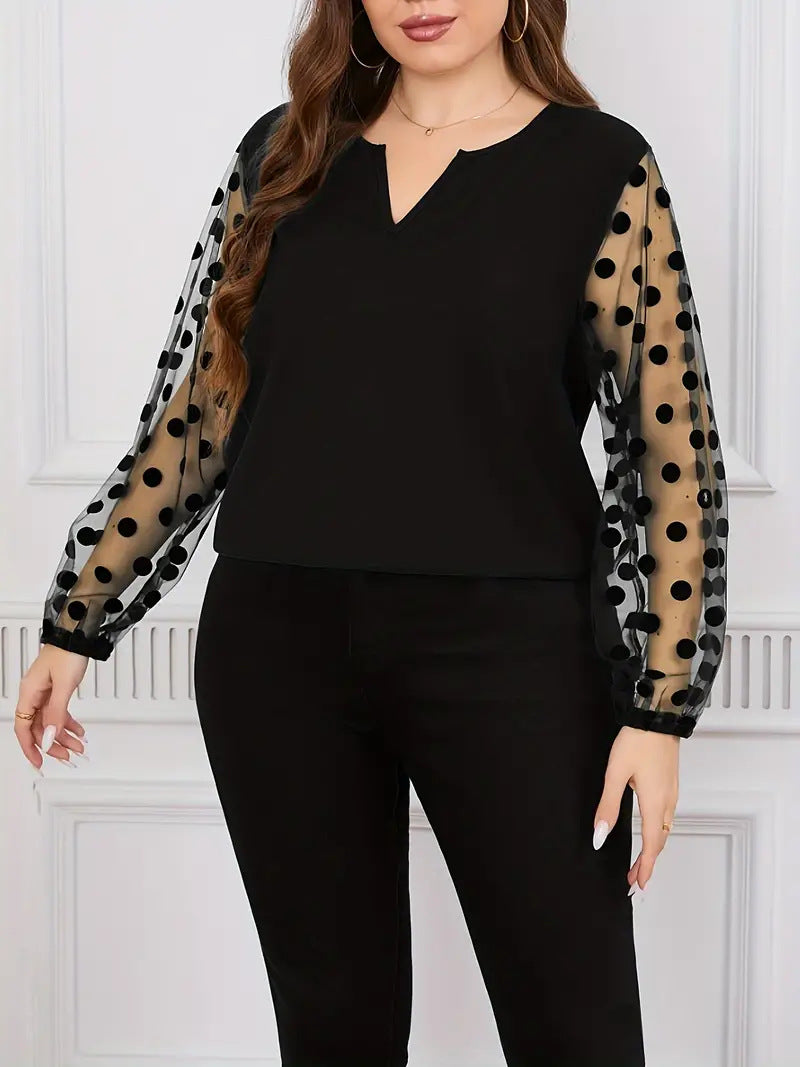 Plus Size Women Solidmesh Patchwork Long Sleeve Plus Size Shirt 5
