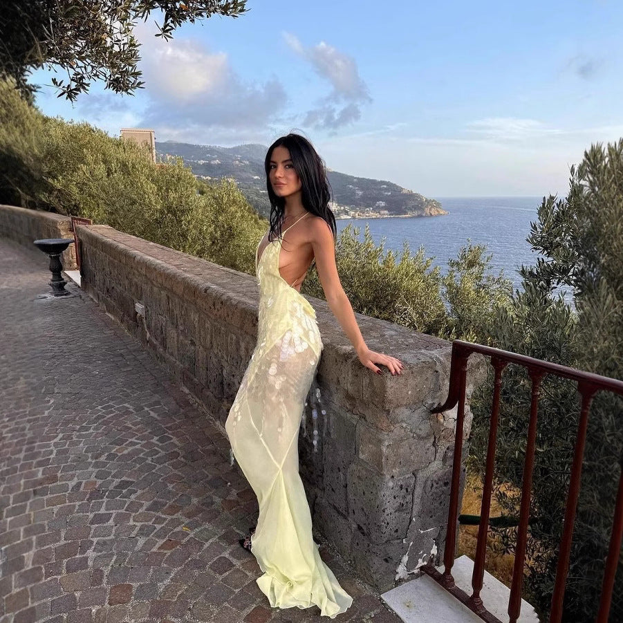 Women's V-Neck Sexy Strap Low-Back Slim Sequin Fishtail Long Dress 5