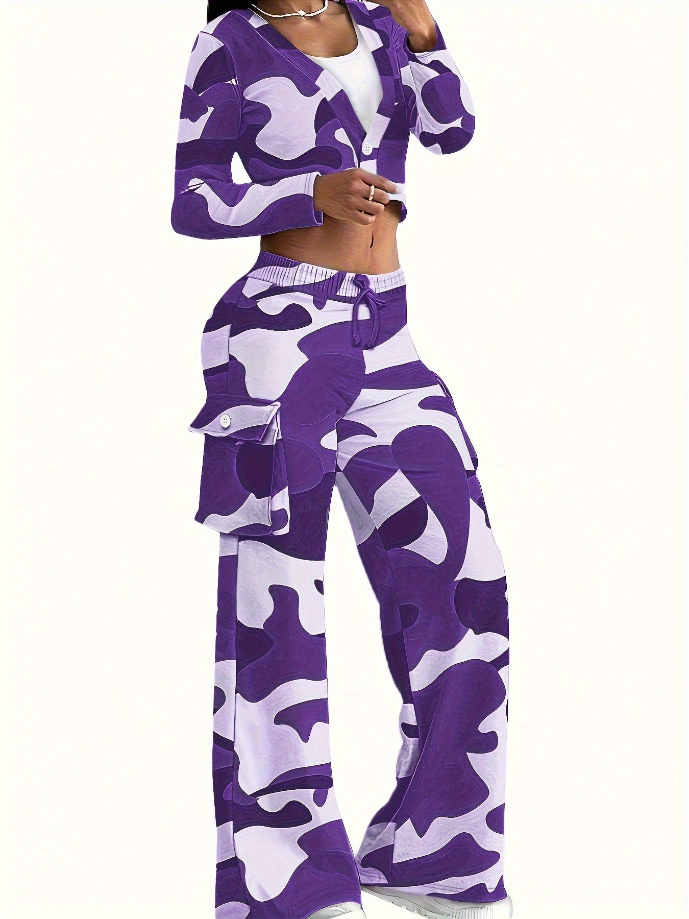 Women Camo Print Casual Sexy Crop Top and Pants Two-piece Set 9
