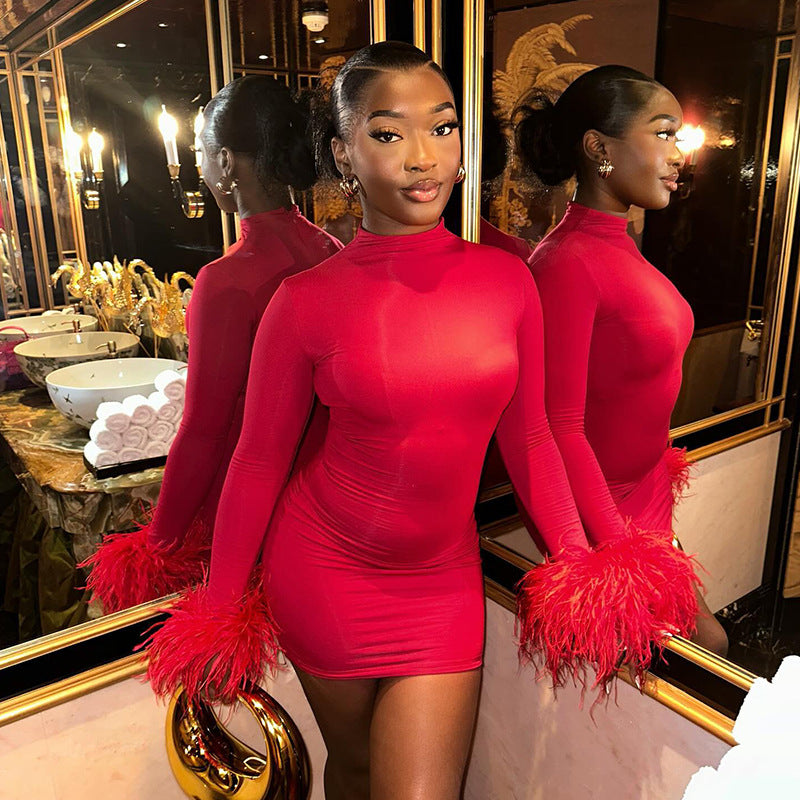 Autumn Solid Color Round Neck Feather Patchwork Slim Sexy Short Dress 5