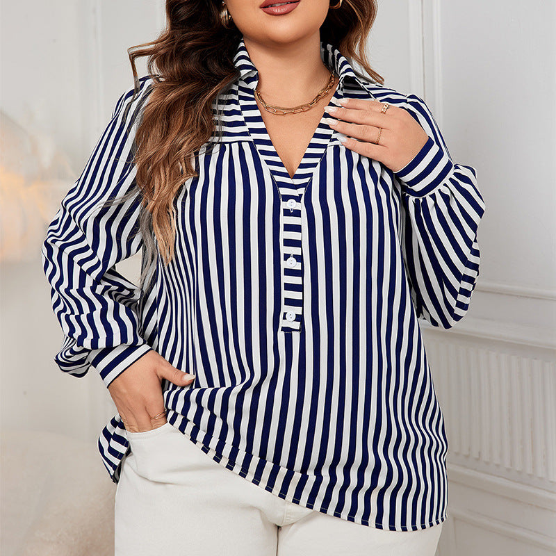 Women autumn polo collar blue and white striped shirt Top 4