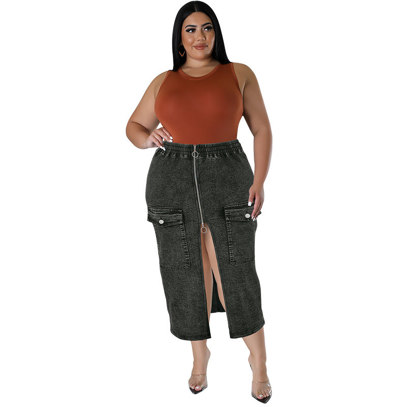 Plus Size Women's Denim Slim Fit Zipper Pocket Long Skirt 7