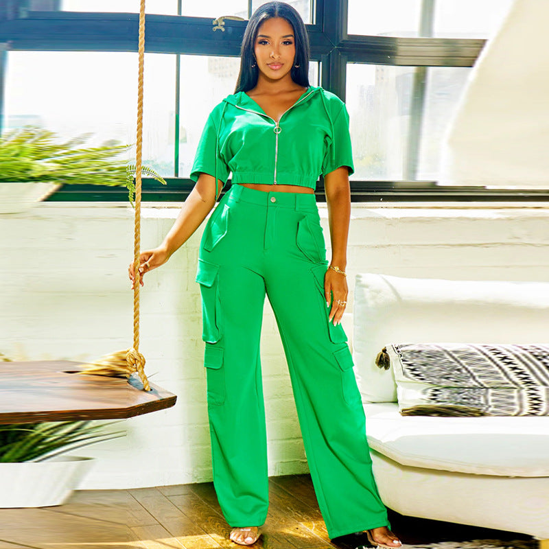 Fashion Casual Women's Short Sleeve Hooded Top Pocket Cargo Pants Women's Two Piece Set 3