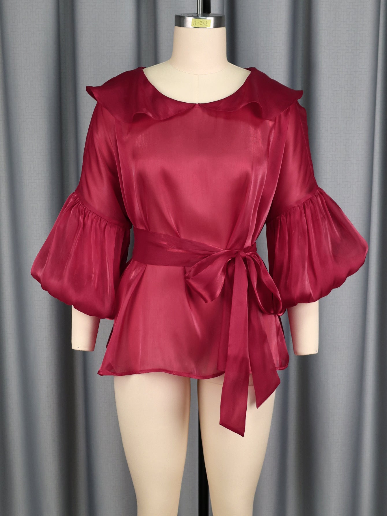 Peter Pan Collar Lantern Sleeve Bow Slim Waist Top Belly Cover Slim Fit Party Shirt 3