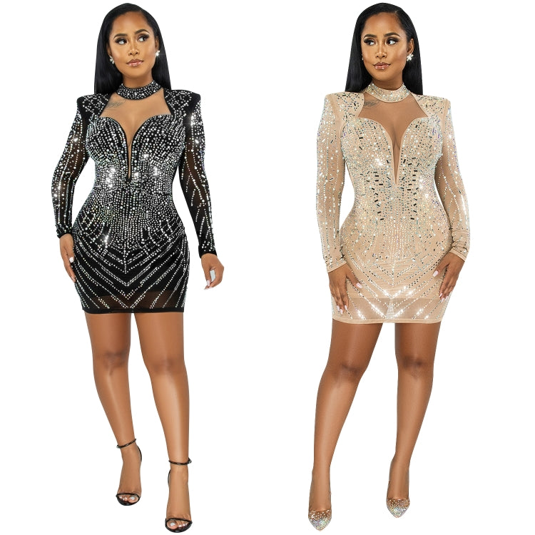 Fall Sexy Kahaki Rhinestone High Neck Cut Out Long Sleeve Mini Dress 5