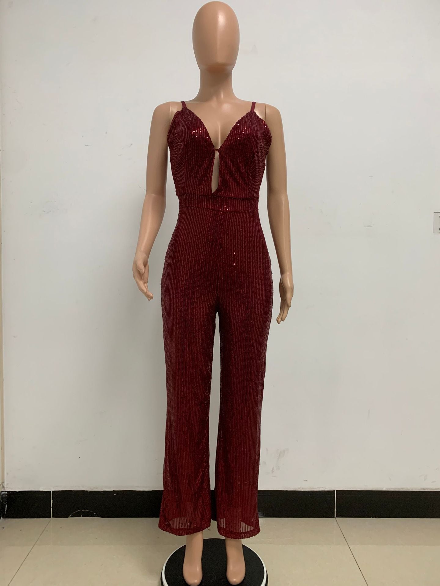Deep V Neck Low Back Sleeveless Chic Sequined Straps Elegant Women's Party Jumpsuit 38