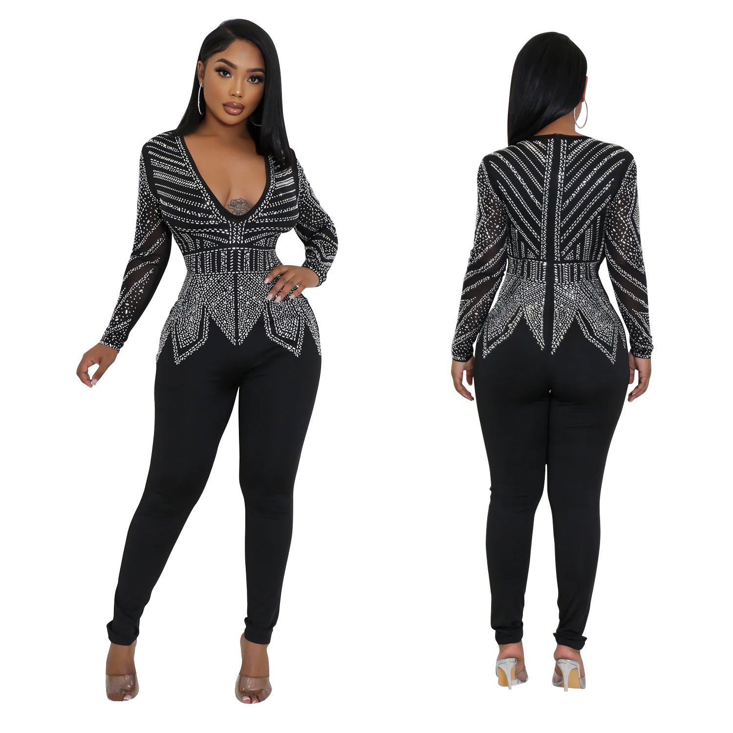 Women Solid V Neck Beaded Long Sleeve Jumpsuit 4