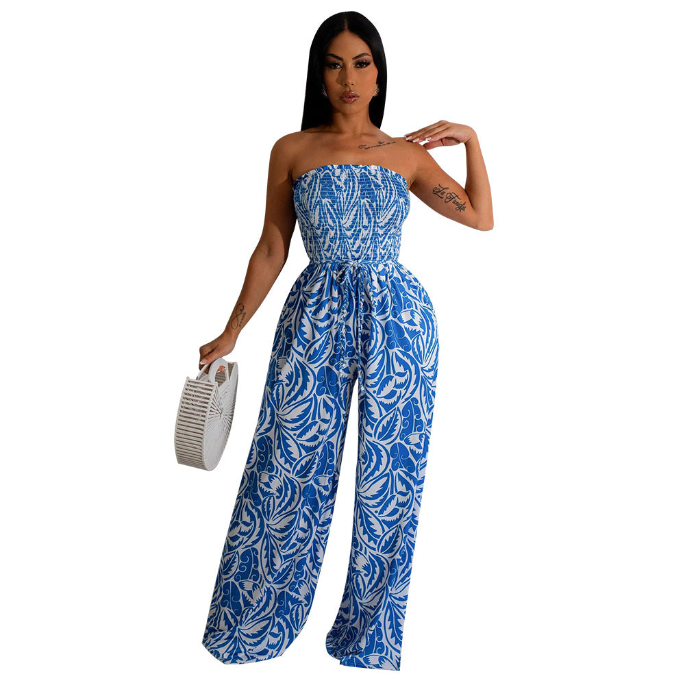 Women Sexy Sleeveless Backless Print Wide Leg Jumpsuit 9