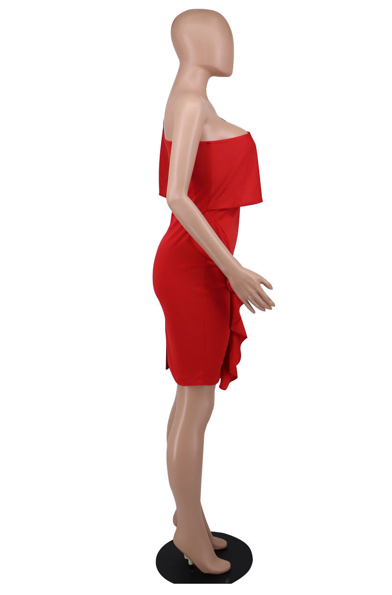 Women Summer Slanted Shoulder Ruffle Bodycon Dress 10