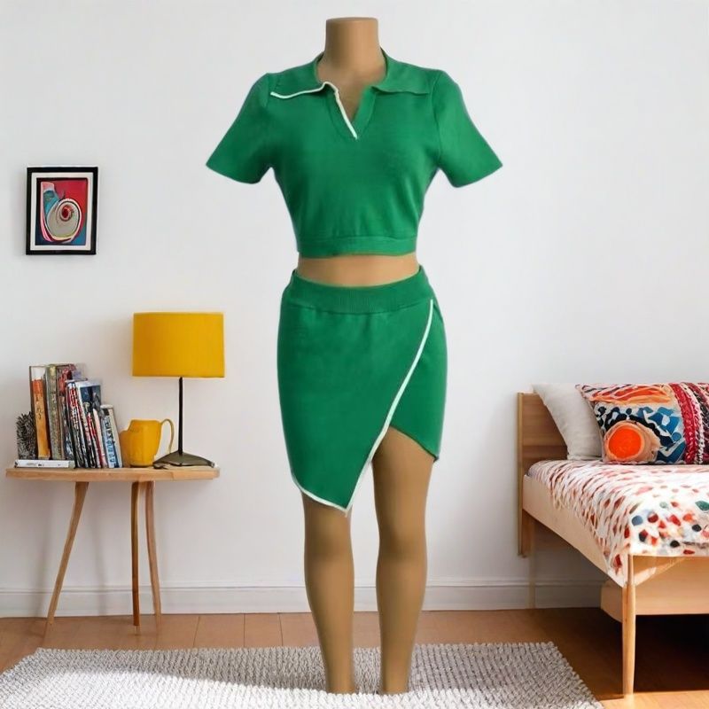 Women Sexy Turndown Collar Short Sleeve Top and Split Skirt Two-piece Set 7