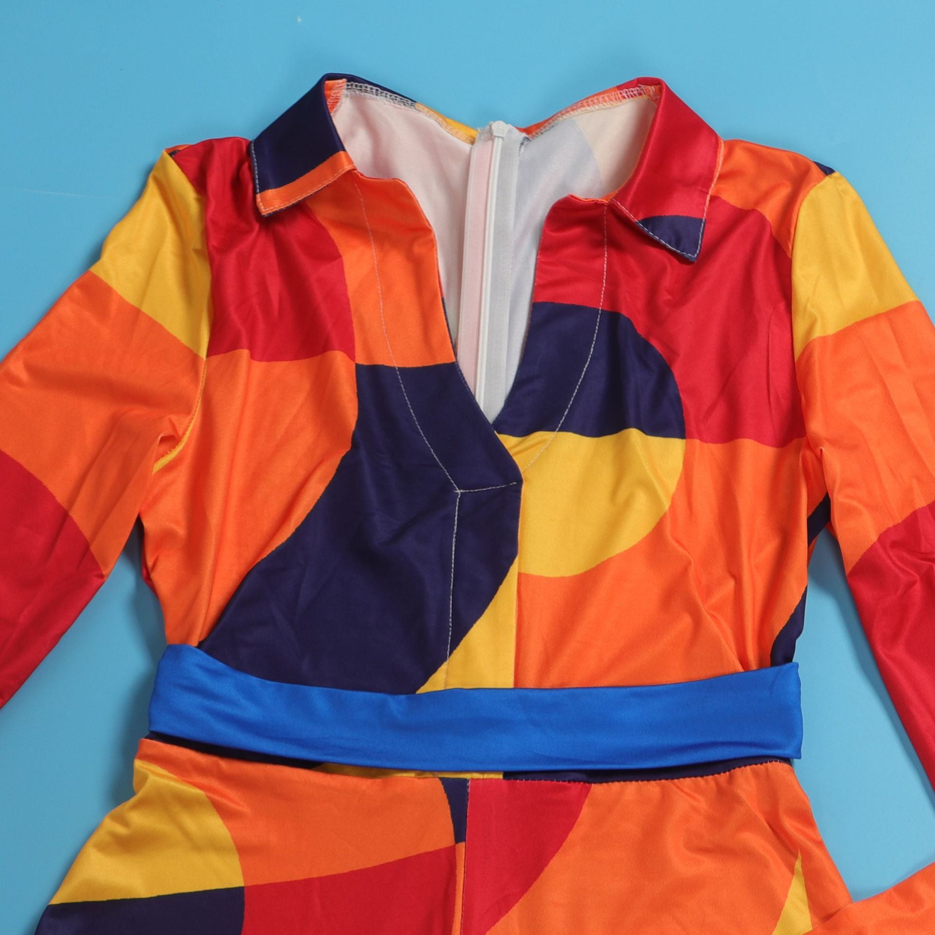 Sexy Slim Deep V Printed Wide Leg Turndown Collar Slim Waist Long Sleeve Jumpsuit 25