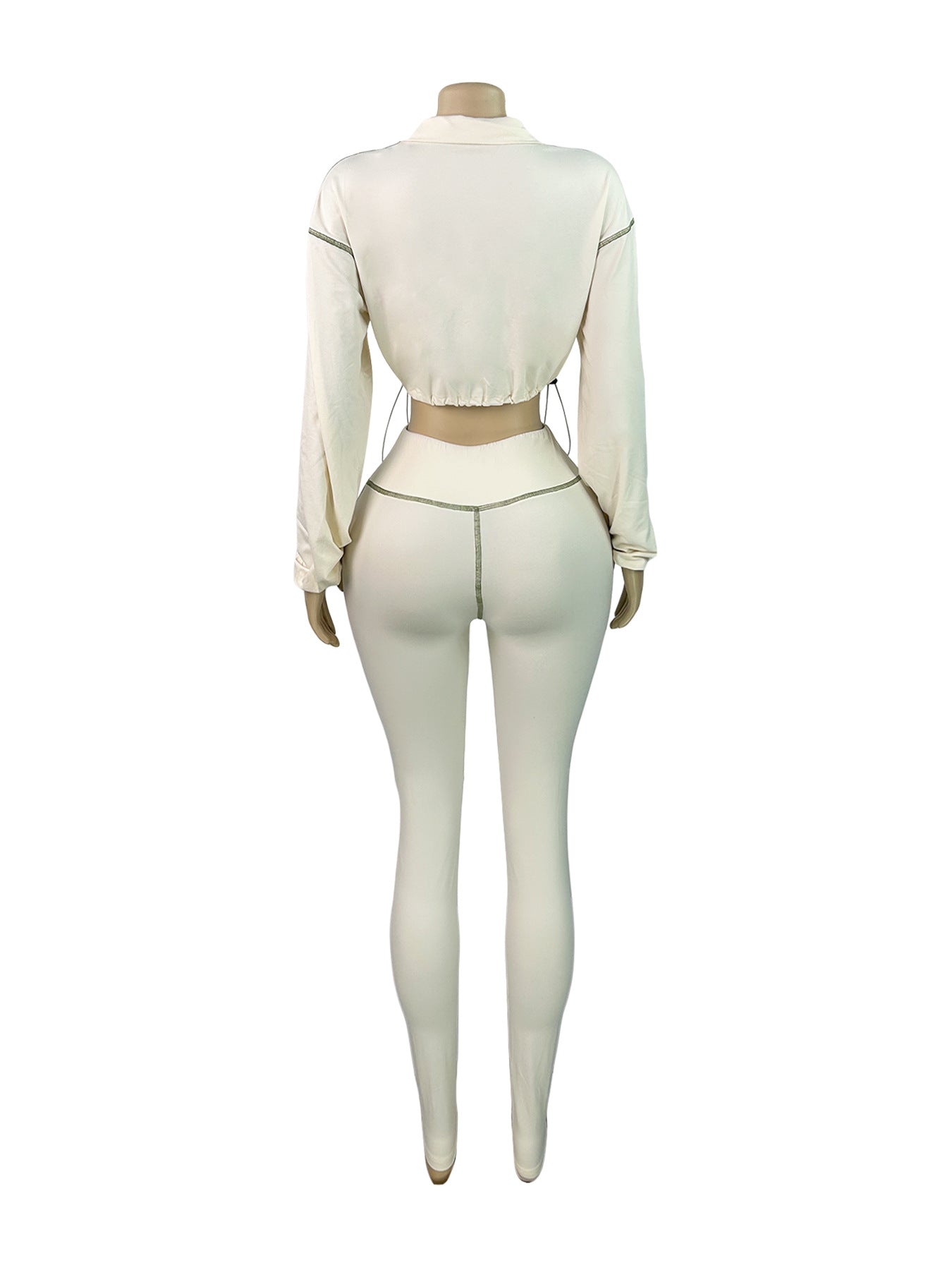 Women's Sexy Elastic Waist Long Sleeve Crop Top Slim Tight Pants Two-Piece Set 9