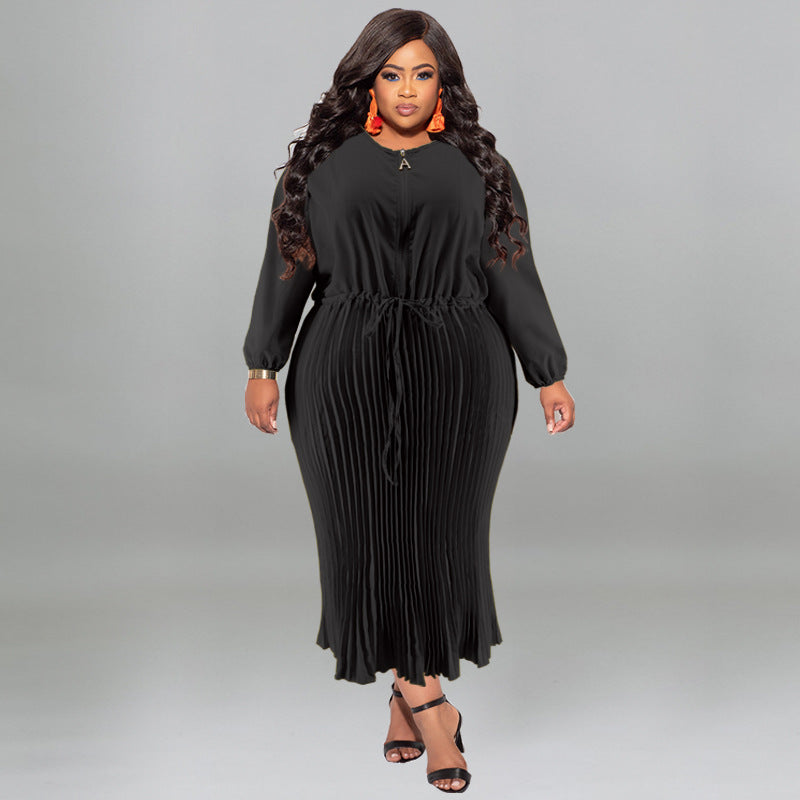 Plus Size Autumn Women's Zipper Round Neck Long Sleeve Pleated Dress 6