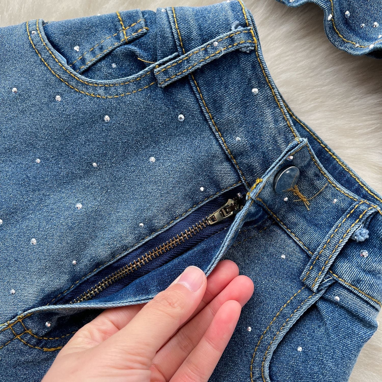 Fashion Beaded Denim summer Strapless Vest High Waist Denim Bell Bottom Trousers Two Piece Set for Women 14