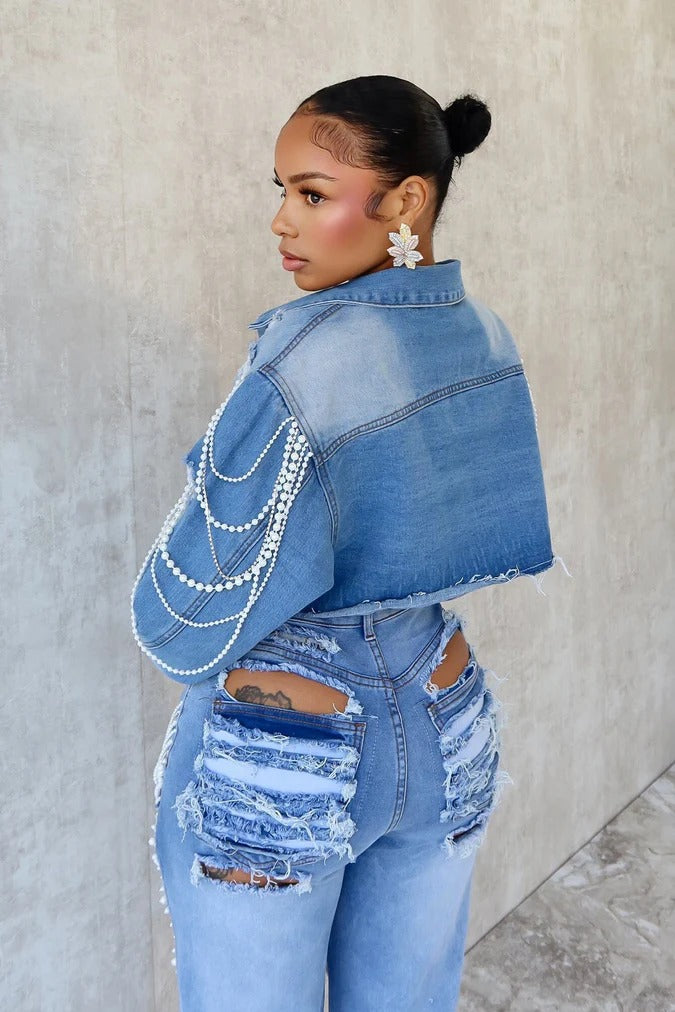 Women Summer Ripped Heavy Beaded Stretchy Denim Pants and Jacket Two-Piece Set 7
