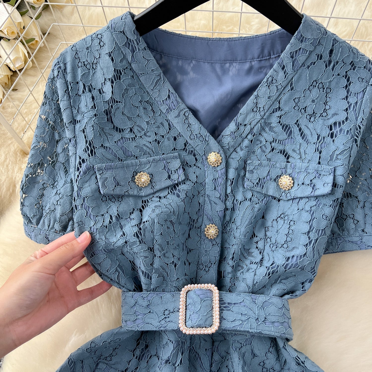 Women French V-Neck Metal Buttoned Mesh Patchwork Lace Ruffle Dress 10