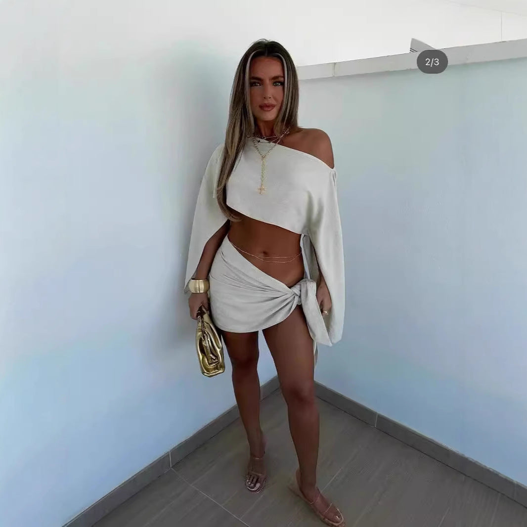 Summer Beach Holidays Sunscreen Breathable Long Sleeve Two Piece Skirt Set 8