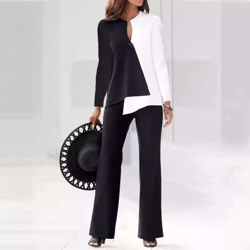 Women's autumn fashion loose elegant long sleeve color matching two piece pants set