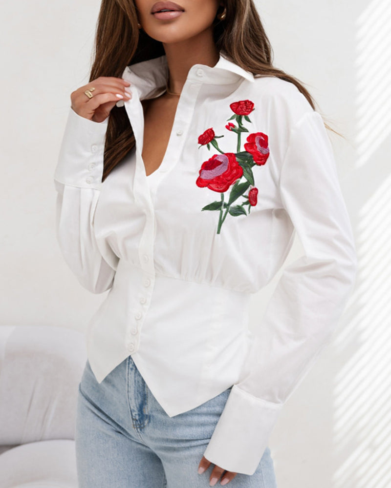 Women white embroidered rose waist shirt