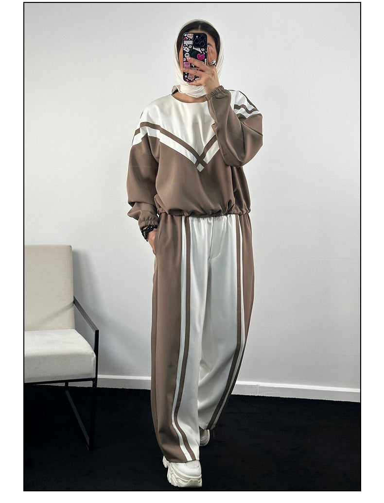 Women Contrast Color twill Casual Top and Pants Two-piece Set 3